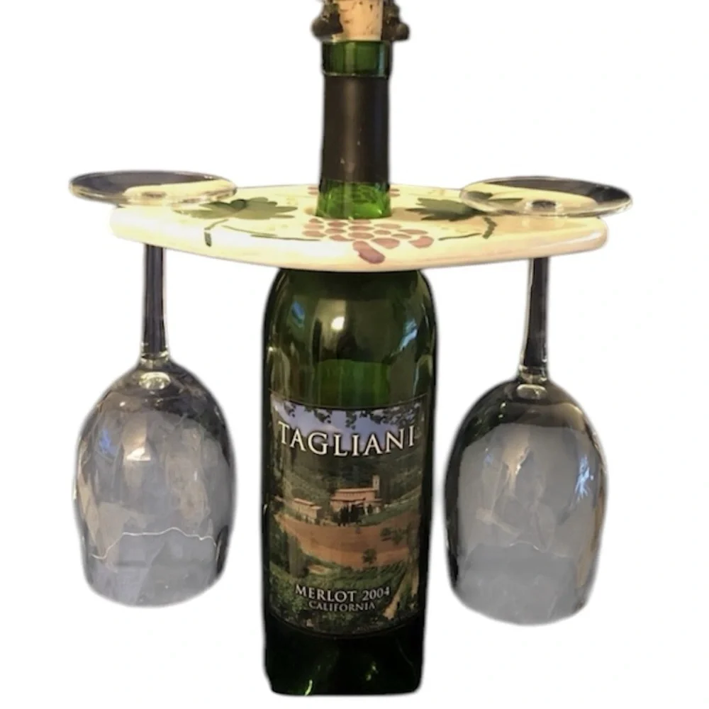 Handcrafted Wine Bottle and Glasses Holder Hand Painted grapes and pears design